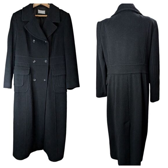 Black wool cashmere full length coat double- breasted, detachable fur lo… - Picture 1 of 14